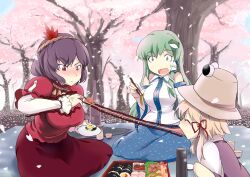  3girls :&lt; blonde_hair blush cherry_blossoms closed_eyes commentary_request detached_sleeves food frog_hair_ornament green_eyes green_hair hair_ornament hair_ribbon hanami hat kochiya_sanae leaf long_hair long_tongue makizushi moriya_suwako multiple_girls open_mouth petals picnic purple_hair red_eyes ribbon short_hair sinzan sitting skirt snake squatting sushi thermos tongue touhou tree yasaka_kanako 