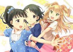  3: 3; 3girls :d bad_id bad_pixiv_id black_hair blonde_hair dress fukuyama_mai green_eyes hair_ornament hair_scrunchie hug hug_from_behind idolmaster idolmaster_cinderella_girls jougasaki_rika long_hair maruishi multiple_girls one_eye_closed open_mouth outstretched_arms outstretched_hand plaid plaid_skirt polka_dot polka_dot_scrunchie ponytail sasaki_chie school_uniform scrunchie short_hair skirt smile spread_arms sweater_vest two_side_up 