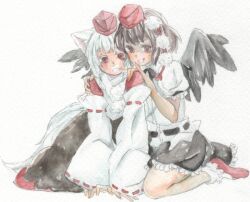  2girls animal_ears bad_id bad_pixiv_id black_wings brown_eyes brown_hair commentary_request feathered_wings grin hands_on_shoulders hat inubashiri_momiji multiple_girls painting_(medium) red_eyes shameimaru_aya simple_background sitting skirt sleeves_past_wrists smile tail tokin_hat touhou traditional_media tugumi0w0 wariza watercolor_(medium) white_background white_hair wings wolf_ears wolf_tail 