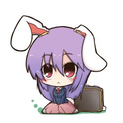  :&lt; animal_ears blush breasts chibi commentary_request dekasudachin female long_hair necktie purple_hair rabbit_ears red_eyes reisen_udongein_inaba simple_background sitting skirt small_breasts solo touhou v_arms very_long_hair wariza white_background 