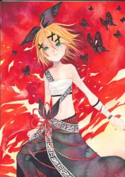  alternate_costume bare_shoulders bow bug butterfly collarbone colored_pencil_(medium) commentary_request female fire hair_ornament hairbow hairclip heat_haze_(module) iroha_uta_(vocaloid) kagamine_rin mosho navel painting_(medium) project_diva_(series) project_diva_extend sarashi solo traditional_media vocaloid watercolor_(medium) watercolor_pencil_(medium) 