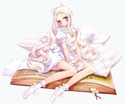  ballet_slippers blue_eyes blush bobby_socks book cushion dress female gloves legs long_hair long_legs looking_at_viewer original oyari_ashito photoshop_(medium) pocket_watch ribbon scarf simple_background socks solo thighs very_long_hair watch white_hair 