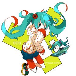  aqua_eyes aqua_hair bad_id bad_pixiv_id blue_shorts casual female handheld_game_console hatsune_miku hood hoodie long_hair mini_person minigirl nintendo_3ds piyokinoko shoes shorts sneakers solo twintails very_long_hair vocaloid 