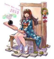  2010 bad_id bad_pixiv_id brown_hair female green_eyes hagoita isakawa_megumi japanese_clothes kimono new_year original paddle simple_background socks solo 