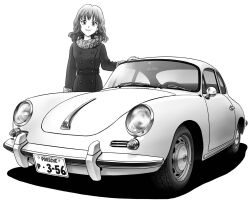  bad_id bad_pixiv_id car coat female fur_trim greyscale kazuka_tokio left-hand_drive looking_at_viewer monochrome motor_vehicle photoshop_(medium) porsche porsche_356 shadow simple_background smile solo sports_car standing vehicle_focus 