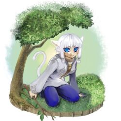  blue_eyes final_fantasy final_fantasy_xiv migo&#039;te miqo&#039;te pants pixiv_thumbnail resized sarasa353 smile tree white_hair y&#039;shtola 