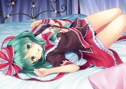  :o arm_ribbon bad_id bad_pixiv_id bare_legs bed bow breasts contemporary covered_nipples female frills front_ponytail green_eyes green_hair hairbow indoors kagiyama_hina long_hair looking_at_viewer lying medium_breasts on_back on_bed open_mouth pillow rasahan ribbon skirt solo touhou 