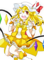  arms_up bad_id bad_pixiv_id blonde_hair blush boots bow brooch choker cosplay cure_peace cure_peace_(cosplay) double_v female flandre_scarlet hat hat_ribbon jewelry kanemoto_hisako koumajou_densetsu koumajou_densetsu_2 oerba_yun_fang one_eye_closed open_mouth photoshop_(medium) precure red_eyes ribbon shorts shorts_under_skirt side_ponytail skirt smile_precure solo touhou v voice_actor_connection white_background wings wrist_cuffs yellow_bow yellow_choker yellow_shorts yellow_skirt yellow_theme yukine 