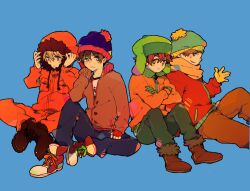  4boys animification bad_id bad_pixiv_id beanie blonde_hair blue_background blue_eyes boots brown_hair crossed_arms crossed_legs eric_cartman fingerless_gloves fur_hat gloves green_eyes grin hand_on_own_face hat hood hoodie kenny_mccormick kyle_broflovski male_focus multiple_boys pikaro scarf short_hair simple_background sitting smile south_park stan_marsh ushanka waving 