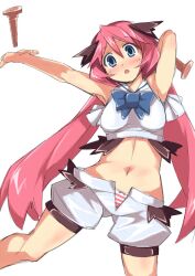  blue_eyes blush bow bowtie commentary_request female hammer kounosu_satori long_hair midriff navel open_mouth original panties pink_hair shorts simple_background solo striped_clothes striped_panties underwear white_background white_shorts 