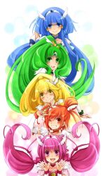  5girls aoki_reika bad_id bad_pixiv_id blonde_hair blue_eyes blue_hair choker commentary_request cure_beauty cure_happy cure_march cure_peace cure_sunny green_eyes green_hair hair_flaps heart highres hino_akane_(smile_precure!) hoshizora_miyuki kawamura_raichi long_hair magical_girl midorikawa_nao multiple_girls one_eye_closed orange_choker orange_eyes orange_hair partial_commentary pink_choker pink_eyes pink_hair ponytail precure rainbow_order short_hair smile smile_precure tiara twintails white_background wide_ponytail yayoi_kise yellow_eyes 