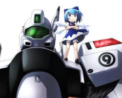  av-98_ingram blue_dress blue_eyes blue_hair bow cirno commentary_request crossed_arms dress female hairbow ice ice_wings kidou_keisatsu_patlabor kusaba_(kusabashiki) mecha photoshop_(medium) police robot short_hair solo touhou wings 