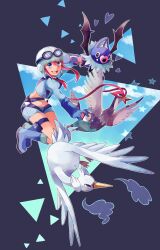  blue_eyes blue_footwear boots cloud commentary_request crop_top female gloves goggles hat heart kurogoma_(karen) long_hair midriff navel poke_ball pokemon pokemon_(creature) pokemon_bw red_hair sky skyla_(pokemon) swanna swoobat unfezant unfezant_(male) 