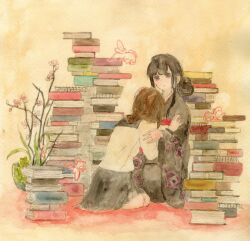  2girls bad_id bad_pixiv_id black_hair book book_stack brown_hair commentary_request fish hand_on_head japanese_clothes kimono long_hair multiple_girls original painting_(medium) plant potted_plant skirt too_many too_many_books traditional_media tugumi0w0 watercolor_(medium) yuri 