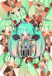  &gt;_&lt; bad_id bad_pixiv_id blue_eyes chibi closed_eyes detached_sleeves female green_hair hatsune_miku highres long_hair mami_(sweetcandy) necktie oerba_yun_fang open_mouth outstretched_arms skirt sleeves_past_wrists spread_arms thighhighs twintails very_long_hair vocaloid 