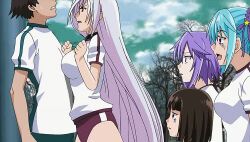  1boy 4girls akashiya_moka animated animated blue_hair breast_press breasts inner_moka kurono_kurumu large_breasts long_hair lowres multiple_girls purple_hair rosario+vampire sendo_yukari sendou_yukari shirayuki_mizore short_hair 