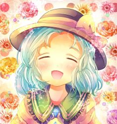  :d aqua_hair blush closed_eyes coa_(chroo_x) colorized commentary_request female flower forehead hat komeiji_koishi open_mouth photoshop_(medium) rose smile solo touhou 