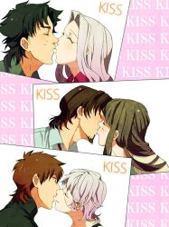  3boys 3girls black_hair brown_hair claudia_hortensia closed_eyes commentary_request couple emiya_kiritsugu facial_hair fate/zero fate_(series) goatee green_hair husband_and_wife imminent_kiss irisviel_von_einzbern kissing kotomine_kirei long_hair multiple_boys multiple_girls photoshop_(medium) shou_(paix) straight stubble tohsaka_aoi tohsaka_tokiomi white_hair 