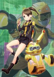  animification brown_eyes brown_hair commentary_request female helmet izumi_rion legs ponytail robot short_shorts shorts skirt super_sentai tokumei_sentai_go-busters usada_lettuce usami_youko weapon yellow_buster zoom_layer 