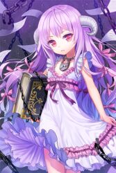  amrita_(sword_girls) book chains dress endos female frilled_dress frills hair_ribbon holding horns jewelry layered_dress lock long_hair lowres necklace open_mouth paper photoshop_(medium) purple_hair red_eyes ribbon smile solo sword_girls very_long_hair 