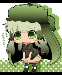  black_pantyhose blush_stickers chibi commentary_request female green_eyes green_hair hair_tubes hat letterboxed open_mouth original pantyhose personification satsuki_mei_(sakuramochi) solo tears translated 