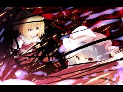  2girls ascot blonde_hair blue_hair commentary_request flandre_scarlet hat letterboxed meracle multiple_girls oerba_yun_fang photoshop_(medium) red_eyes remilia_scarlet shirt short_hair siblings sisters skirt skirt_set touhou 