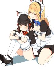  2girls animal_ears black_hair blonde_hair breasts cleavage closed_eyes commentary high_heels highres kamo_kamen long_hair long_legs mabinogi maid maid_headdress medium_breasts multiple_girls original photoshop_(medium) player_character_(mabinogi) ribbon shoes sitting small_breasts tears thighhighs white_legwear wrist_cuffs yellow_eyes 