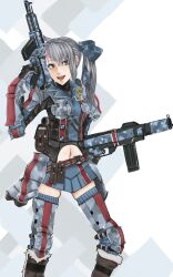  asuke_yuki bad_id bad_pixiv_id blue_eyes dual_wielding edy_nelson female grey_hair gun highres holding midriff navel open_mouth senjou_no_valkyria_(series) senjou_no_valkyria_1 skindentation skirt smile solo thighhighs weapon 