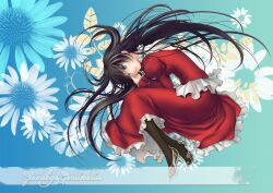  banned_artist black_hair black_legwear blue_eyes curled_up flower high_heels long_hair lying nacht original pantyhose parted_lips shoes skirt solo 