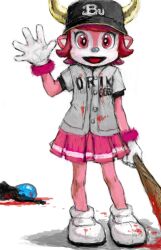  bad_id bad_pixiv_id baseball_bat blood buffalo_bell clothes_writing cow_girl cow_horns female horns mascot nippon_professional_baseball open_mouth orix_buffaloes photoshop_(medium) pink_eyes pink_hair pleated_skirt ponsuke_(pon00000) red_eyes short_hair simple_background skirt smile solo standing 