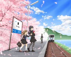  1boy 2girls bag black_eyes black_hair black_legwear blue_sky box brown_eyes brown_hair cherry_blossoms cloud commentary_request day fence gift gift_box hair_ribbon highres hisabisa long_hair mountain multiple_girls neckerchief open_mouth original outdoors pants pantyhose petals photoshop_(medium) pushing railroad_tracks ribbon river school_bag school_uniform serafuku shirt short_hair shoulder_bag sign skirt skirt_set sky smile tactile_paving train train_station tree twintails 