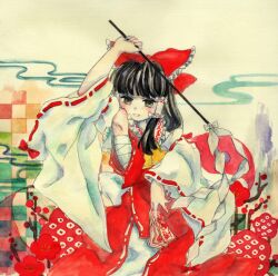  bandages black_hair bow checkered_background commentary_request detached_sleeves female gohei hair_tubes hairbow hakurei_reimu japanese_clothes kimono long_hair painting_(medium) red_bow solo talisman touhou traditional_media tugumi0w0 watercolor_(medium) 