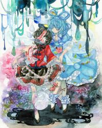  2girls black_hair blood blood_in_mouth blue_dress blue_eyes blue_hair bow closed_eyes commentary_request dress flower hair_ornament hair_rings hair_stick hat hitodama jiangshi kaku_seiga miyako_yoshika multiple_girls ofuda open_mouth painting_(medium) rose skirt smile touhou traditional_media tugumi0w0 watercolor_(medium) 