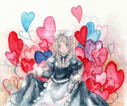  :d axis_powers_hetalia bad_id bad_pixiv_id belarus_(hetalia) bow brown_hair clothes_lift dress dress_lift female grey_eyes grin hairbow heart long_hair open_mouth painting_(medium) smile solo traditional_media tugumi0w0 watercolor_(medium) 