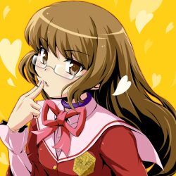  1boy blush brown_eyes brown_hair choker crossdressing dha glasses heart highres kami_nomi_zo_shiru_sekai katsuragi_keima long_hair male male_focus open_mouth ribbon school_uniform solo trap wig 