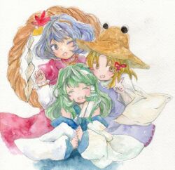  3girls :d :o ^_^ bad_id bad_pixiv_id bare_shoulders black_eyes blonde_hair blue_hair bow brown_eyes closed_eyes detached_sleeves dress frog_hair_ornament green_hair hair_ornament hair_tubes hairband hairbow hat kochiya_sanae long_hair moriya_suwako multiple_girls one_eye_closed open_mouth painting_(medium) rope shimenawa smile touhou traditional_media tugumi0w0 v watercolor_(medium) yasaka_kanako 