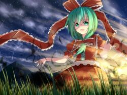  bad_id bad_pixiv_id bow female front_ponytail grass green_eyes green_hair hairbow hidaka_kouyou kagiyama_hina mountain open_mouth shooting_star short_hair solo star_(sky) sunlight touhou 