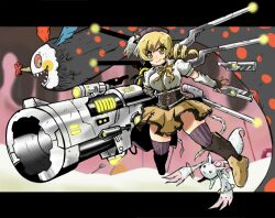  arm_cannon blonde_hair cannon charlotte_(madoka_magica) commentary_request creature digimon digimon_(creature) digimon_savers drill_hair female glowing gun hat kyuubee magical_musket mahou_shoujo_madoka_magica mahou_shoujo_madoka_magica_(anime) mechanical_wings monster multicolored_eyes n36hoko parody red_eyes rizegreymon sharp_teeth skirt smile style_parody teeth thighhighs tomoe_mami tomoe_mami_(magical_girl) twin_drills twintails veins weapon wings yellow_eyes 