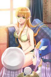  3girls bare_arms bare_legs bare_shoulders bird blonde_hair bra briska collarbone couch cross eisenwane_(sword_girls) elf green_eyes hat kocchan_(sword_girls) lingerie long_hair lowres midriff multiple_girls navel open_mouth panties parrot photoshop_(medium) pointy_ears purple_eyes purple_hair sigmund_(sword_girls) sitting sword_girls treanna underwear wings 