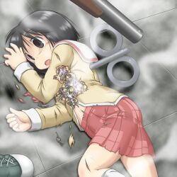  android black_eyes black_hair commentary_request deep_wound female gaketsu gun injury nichijou open_mouth school_uniform serafuku shinonome_nano short_hair shotgun skirt solo tokisadame_school_uniform weapon winding_key 