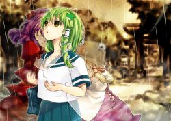  3girls alternate_costume bad_id bad_pixiv_id bag blonde_hair blush closed_eyes frog frog_hair_ornament fuusha green_eyes green_hair hair_ornament hair_ribbon hair_tubes hat hug kochiya_sanae leaf long_hair moriya_suwako multiple_girls purple_hair rain ribbon school_uniform serafuku short_hair skirt snake torii touhou tree yasaka_kanako 