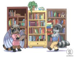  2007 anthro blue_eyes book brown_hair dragon duo female hair kacey library male mammal membrane_(anatomy) membranous_wings mythological_creature mythological_scalie mythology procyonid purple_eyes raccoon reptile scalie shelf shell stripes tail turtle wings young young_anthro 