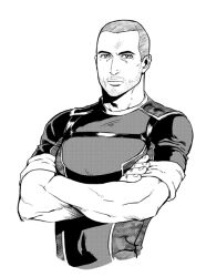  1boy bald bust commander_shepard commander_shepard_(male) crossed_arms facial_hair inaba_taro mass_effect mass_effect_2 military military_uniform monochrome stubble uniform upper_body 