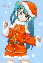  aqua_eyes aqua_hair bad_id bad_pixiv_id belt blush christmas detached_sleeves earmuffs english_text female hair_bobbles hair_ornament hat hatsune_miku long_hair petite_miku santa_costume santa_hat skirt sleeves_past_wrists smile snow solo standing thighhighs twintails vocaloid wewi_(1_2) zettai_ryouiki 