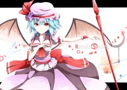  ascot bad_id bad_pixiv_id bat_wings blue_hair breasts character_name dress female hat hat_ribbon hidaka_kouyou highres letterboxed polearm red_eyes remilia_scarlet ribbon short_hair small_breasts smile solo spear spear_the_gungnir touhou weapon wings 