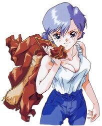  blue_eyes blue_hair breasts cleavage cropped_legs denim earrings female highres jacket jeans jewelry looking_at_viewer medium_breasts official_art pants photoshop_(medium) shirt_tucked_in short_hair simple_background smile solo stud_earrings super_real_mahjong tanaka_ryou tank_top white_background white_tank_top yuu_(super_real_mahjong) 