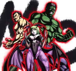  2boys abs animal_print bat_print bat_wings bridal_gauntlets bruce_banner commentary_request facial_hair female final_fight green_hair head_wings height_difference hulk kawo-ri long_hair marvel marvel_vs._capcom marvel_vs._capcom_3 mike_haggar morrigan_aensland moustache multiple_boys muscular pantyhose print_pantyhose vampire_(game) wings yellow_eyes 