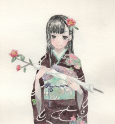  bad_id bad_pixiv_id black_hair brown_eyes commentary_request female flower hair_flower hair_ornament holding japanese_clothes kimono long_hair looking_at_viewer original painting_(medium) smile solo traditional_media tugumi0w0 watercolor_(medium) 