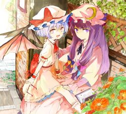  2girls ascot bat_wings bench blue_hair book bow commentary_request crescent flower glasses hairbow hat long_hair multiple_girls nature ogawa_maiko open_mouth outdoors patchouli_knowledge purple_eyes purple_hair red_eyes remilia_scarlet short_hair sidelocks sitting sitting_on_lap sitting_on_person spread_legs touhou unworn_eyewear wings wrist_cuffs 