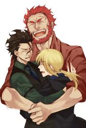  2boys ^_^ ahoge artoria_pendragon_(fate) bad_id bad_pixiv_id beard black_hair blonde_hair closed_eyes diarmuid_ua_duibhne_(lancer)_(fate) eyebrows facial_hair fate/zero fate_(series) female formal hug iskandar_(fate) laughing long_hair multiple_boys pant_suit pants ponytail red_hair s_gentian saber_(fate) suit vest waistcoat 